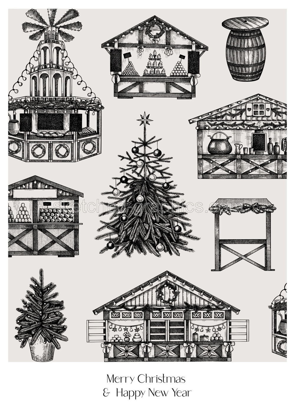 Christmas market frame design. Traditional European Christmas market with souvenir stalls, Christmas tree, candy shops sketches. Winter holidays invitation or greeting card template. Illustration